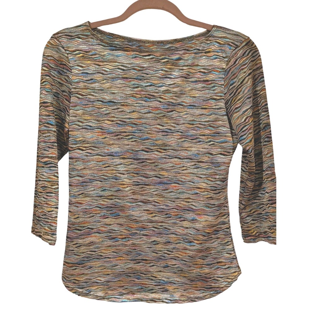 G Wheels Multicolor Chevron Wave Knit Y2K Top Metallic 3/4 Sleeve Boat Neck Sz S